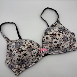 Victoria's Secret Body Victoria No Wire Floral Print Bra 36C Pink Bow Rhinestone